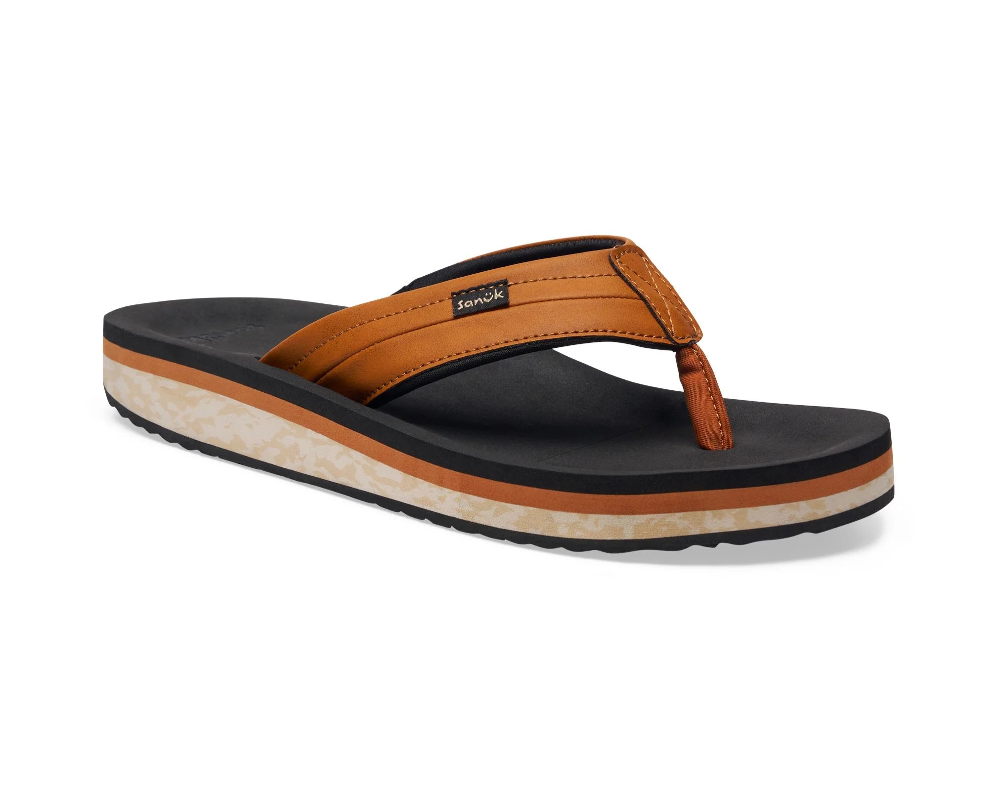 Brown and black sandal with a visible brand logo on a white background