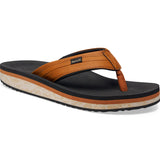 Brown and black sandal with a visible brand logo on a white background